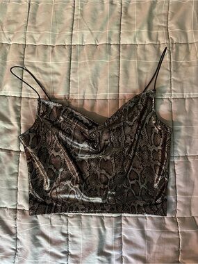 H&M Metallic Snake-Print Bandeau Crop Top in Charcoal and Brown